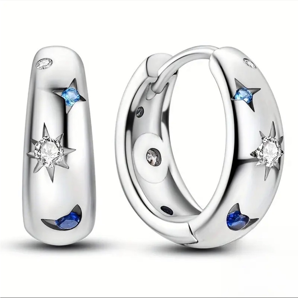 🌙 Celestial Moon Star Sun Silver Tone Huggie Hoop Earrings New
